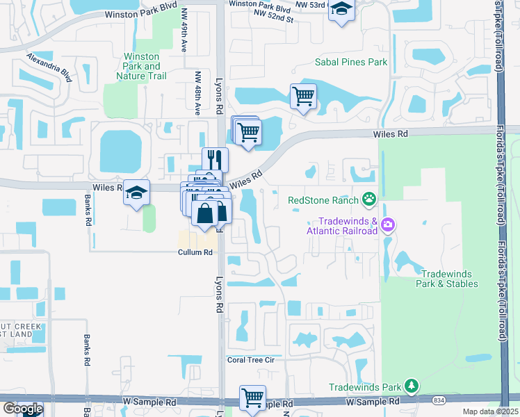 map of restaurants, bars, coffee shops, grocery stores, and more near 4441 Northwest 42nd Terrace in Coconut Creek