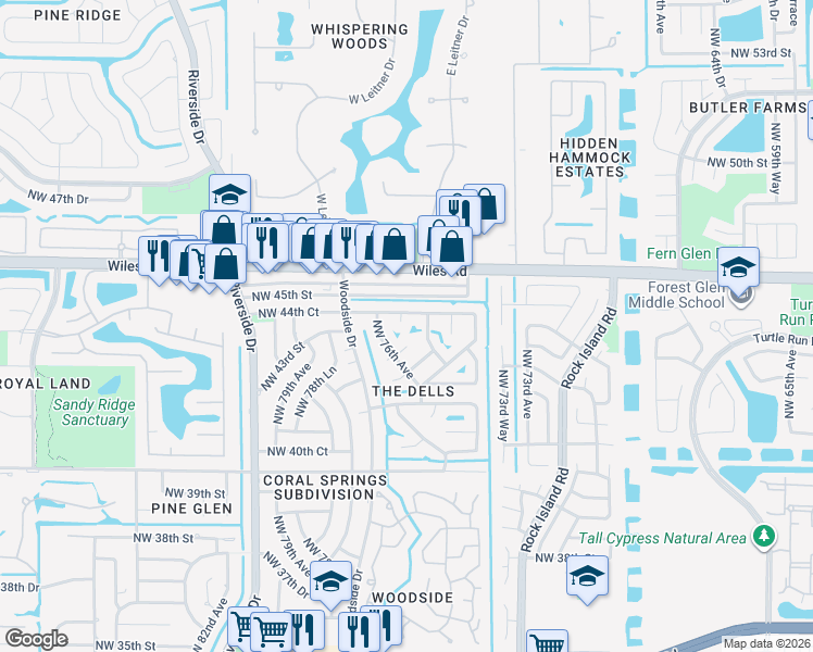 map of restaurants, bars, coffee shops, grocery stores, and more near 7518 Northwest 44th Court in Coral Springs