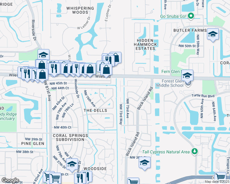 map of restaurants, bars, coffee shops, grocery stores, and more near 4361 Northwest 75th Avenue in Coral Springs