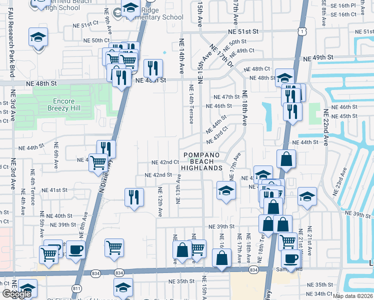 map of restaurants, bars, coffee shops, grocery stores, and more near 1320 Northeast 43rd Court in Pompano Beach