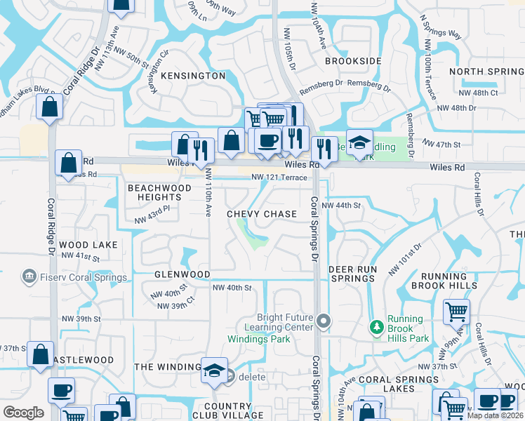 map of restaurants, bars, coffee shops, grocery stores, and more near 4371 Northwest 106th Avenue in Coral Springs