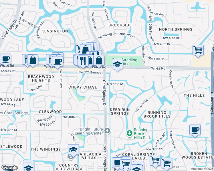 map of restaurants, bars, coffee shops, grocery stores, and more near 4360 Coral Springs Drive in Coral Springs