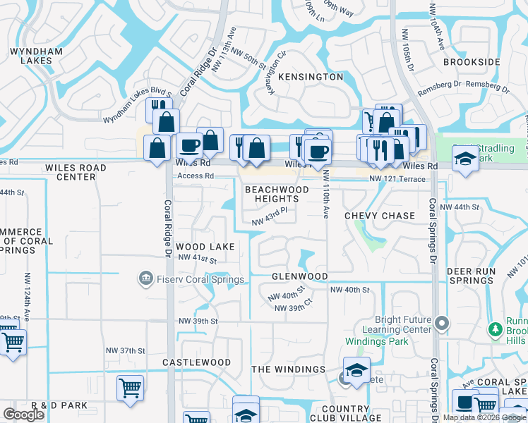 map of restaurants, bars, coffee shops, grocery stores, and more near 11292 Northwest 44th Street in Coral Springs