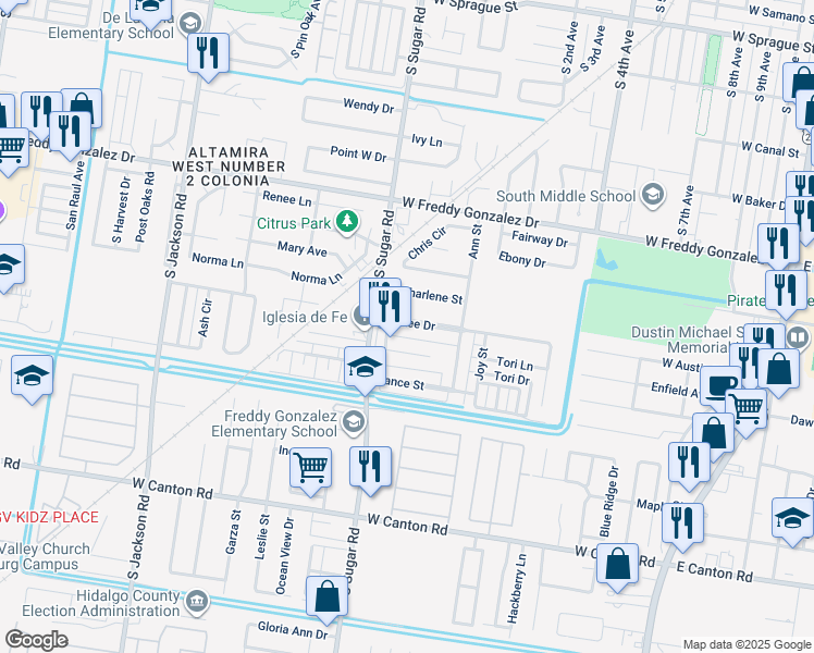 map of restaurants, bars, coffee shops, grocery stores, and more near 1414 McKee Drive in Edinburg