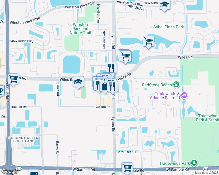 map of restaurants, bars, coffee shops, grocery stores, and more near 4443 Lyons Road in Coconut Creek