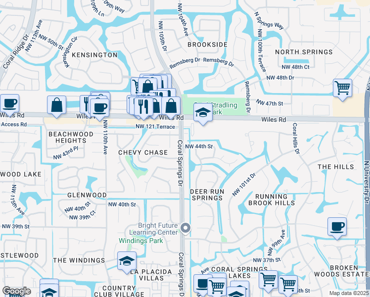 map of restaurants, bars, coffee shops, grocery stores, and more near 4360 Coral Springs Drive in Coral Springs