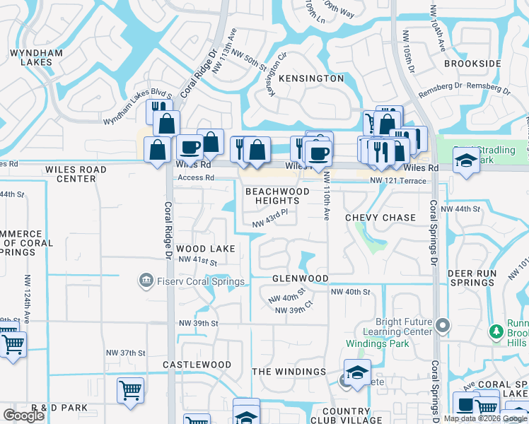 map of restaurants, bars, coffee shops, grocery stores, and more near 11292 Northwest 44th Street in Coral Springs