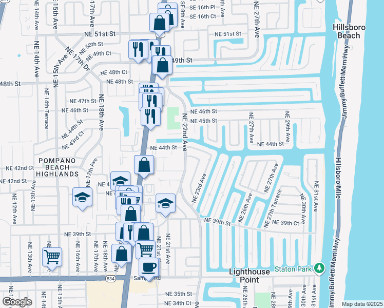 map of restaurants, bars, coffee shops, grocery stores, and more near 4260 Northeast 22nd Avenue in Lighthouse Point