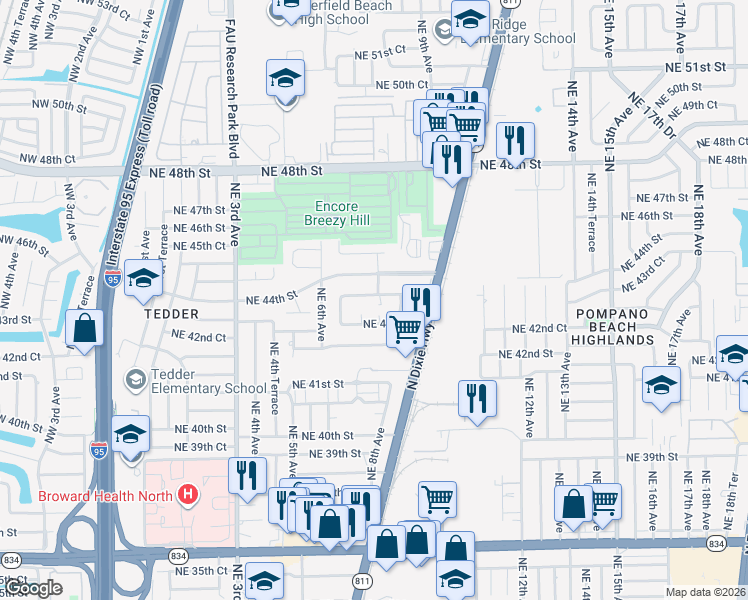 map of restaurants, bars, coffee shops, grocery stores, and more near 730 Northeast 43rd Court in Pompano Beach