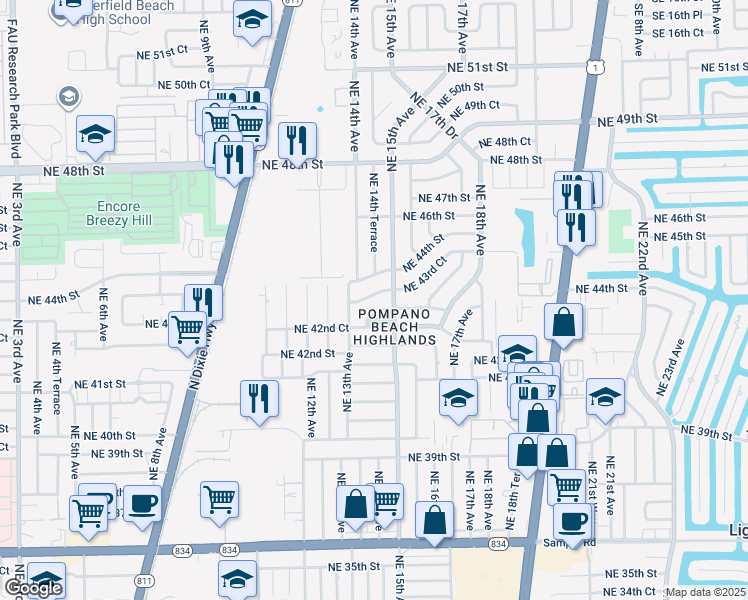 map of restaurants, bars, coffee shops, grocery stores, and more near 1410 Northeast 43rd Court in Pompano Beach
