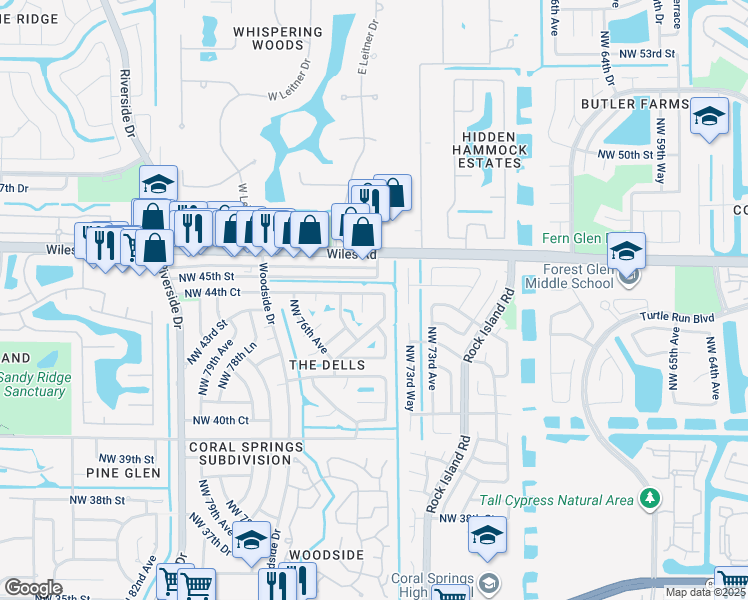 map of restaurants, bars, coffee shops, grocery stores, and more near 4361 Northwest 75th Avenue in Coral Springs