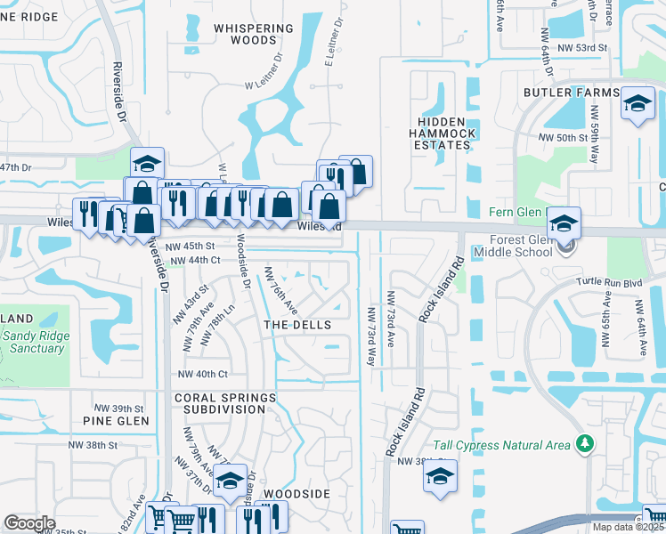 map of restaurants, bars, coffee shops, grocery stores, and more near 4404 Northwest 75th Terrace in Coral Springs