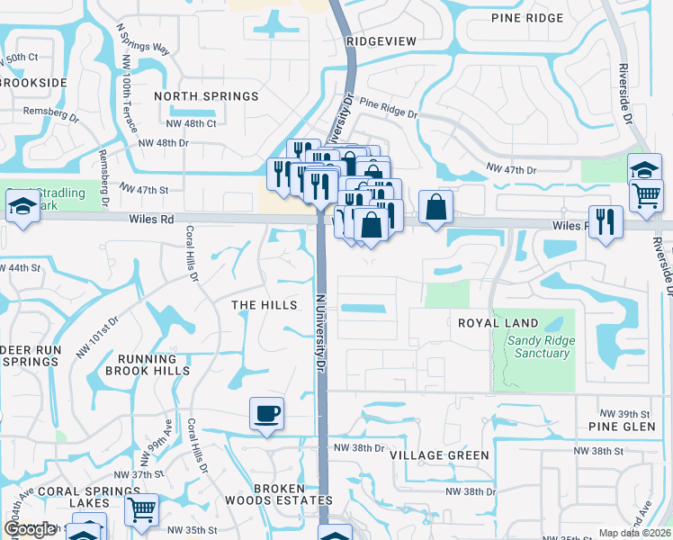 map of restaurants, bars, coffee shops, grocery stores, and more near 9285 Northwest 44th Court in Coral Springs