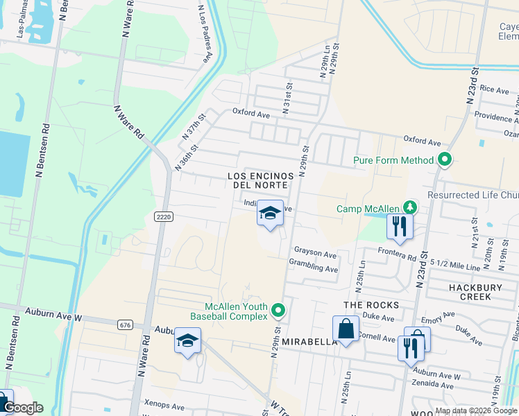map of restaurants, bars, coffee shops, grocery stores, and more near 3101 Indian Hills Avenue in McAllen