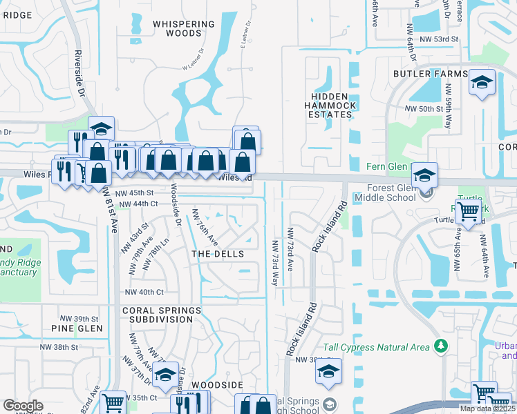 map of restaurants, bars, coffee shops, grocery stores, and more near 4361 Northwest 75th Avenue in Coral Springs