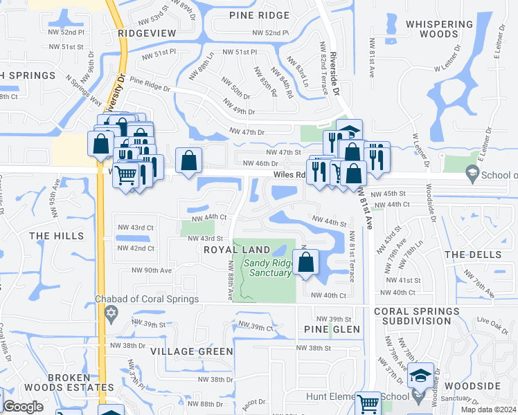 map of restaurants, bars, coffee shops, grocery stores, and more near 8548 Northwest 45th Street in Coral Springs