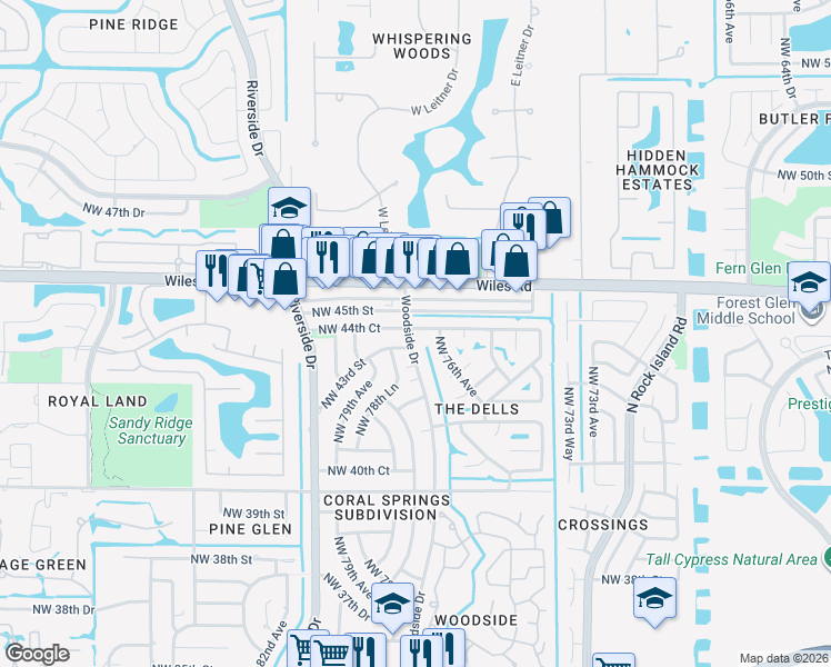 map of restaurants, bars, coffee shops, grocery stores, and more near 7546 Northwest 44th Court in Coral Springs