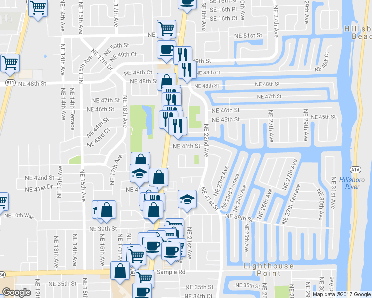 map of restaurants, bars, coffee shops, grocery stores, and more near 2122 Northeast 44th Street in Lighthouse Point