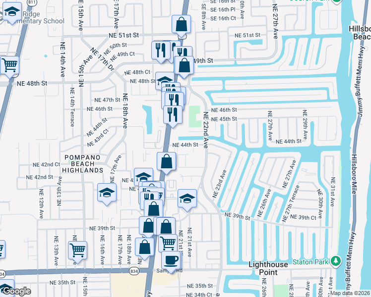 map of restaurants, bars, coffee shops, grocery stores, and more near 2122 Northeast 44th Street in Lighthouse Point