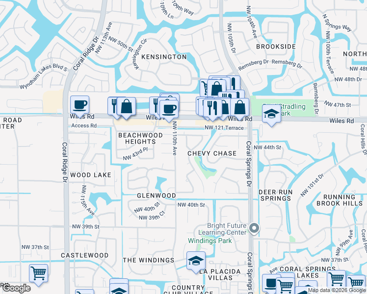 map of restaurants, bars, coffee shops, grocery stores, and more near 4341 Northwest 110th Avenue in Coral Springs