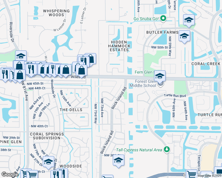 map of restaurants, bars, coffee shops, grocery stores, and more near 4316 Northwest 71st Drive in Coral Springs