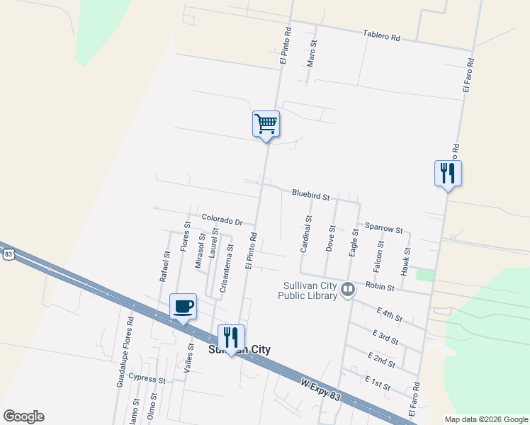 map of restaurants, bars, coffee shops, grocery stores, and more near 412 El Pinto Road in Sullivan City