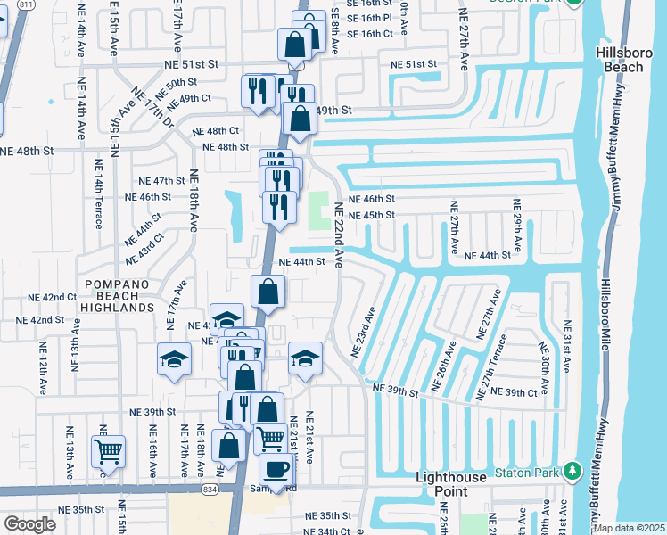 map of restaurants, bars, coffee shops, grocery stores, and more near 4260 Northeast 22nd Avenue in Lighthouse Point