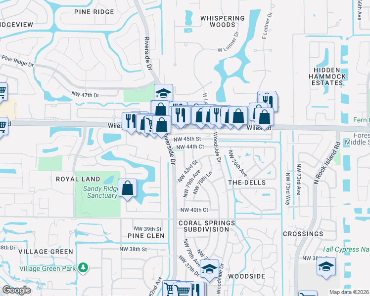 map of restaurants, bars, coffee shops, grocery stores, and more near 4370 Northwest 79th Terrace in Coral Springs