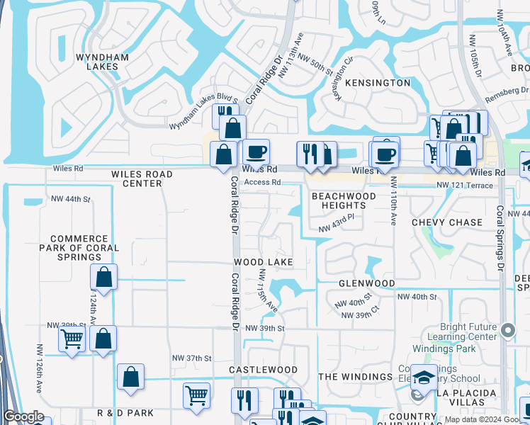 map of restaurants, bars, coffee shops, grocery stores, and more near 11552 Northwest 43rd Court in Coral Springs