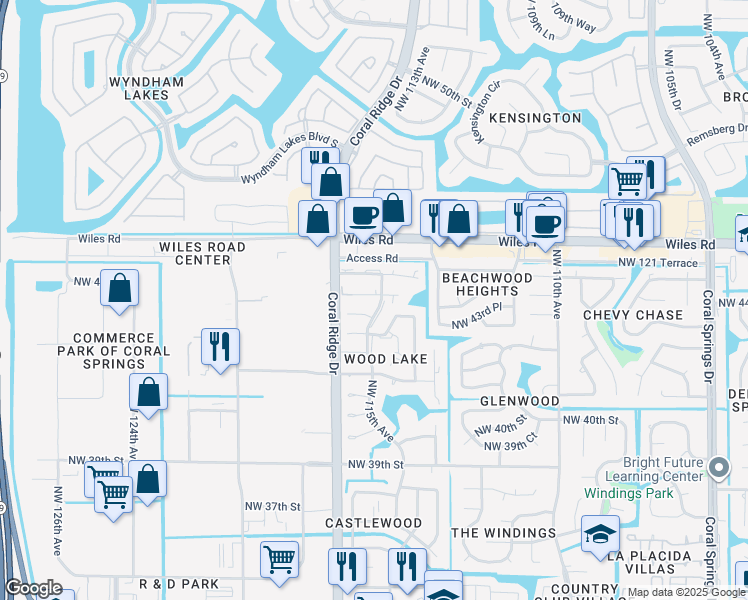 map of restaurants, bars, coffee shops, grocery stores, and more near 11504 Northwest 44th Street in Coral Springs
