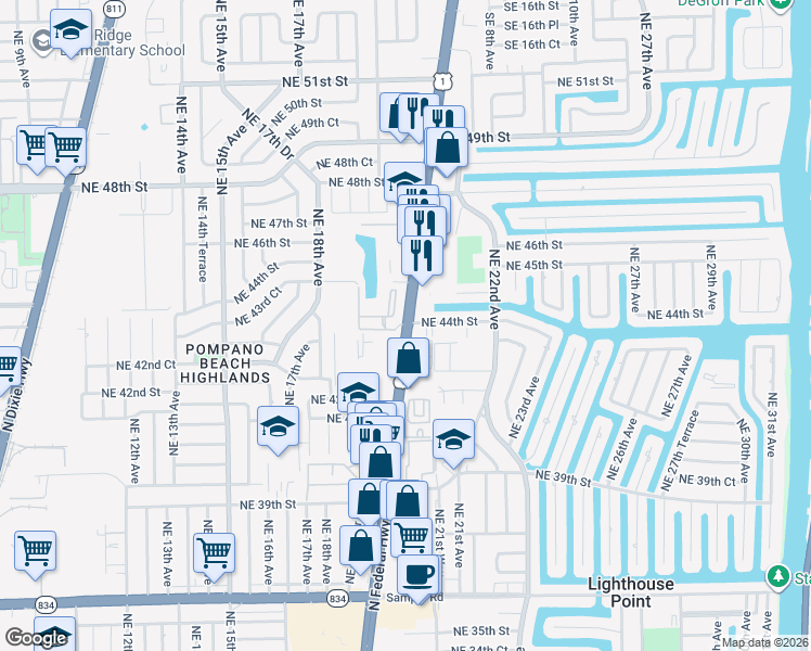 map of restaurants, bars, coffee shops, grocery stores, and more near 4409 North Federal Highway in Lighthouse Point