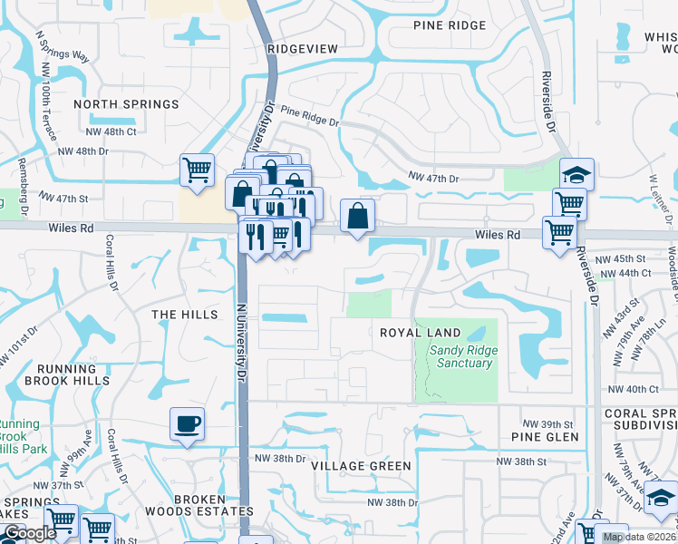map of restaurants, bars, coffee shops, grocery stores, and more near 4488 Northwest 89th Way in Coral Springs