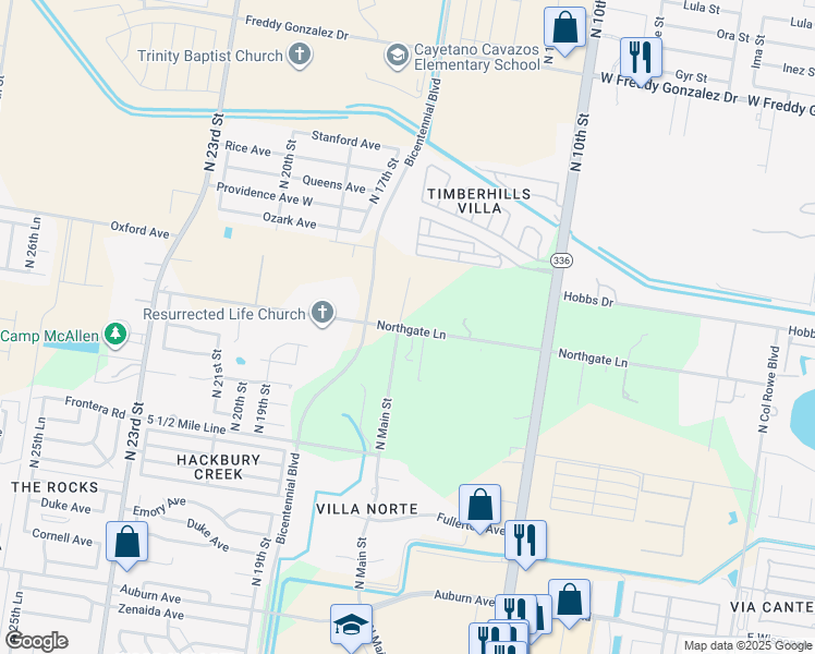 map of restaurants, bars, coffee shops, grocery stores, and more near 1500 Northgate Lane in McAllen