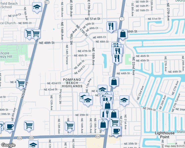 map of restaurants, bars, coffee shops, grocery stores, and more near 4281 Northeast 17th Avenue in Pompano Beach