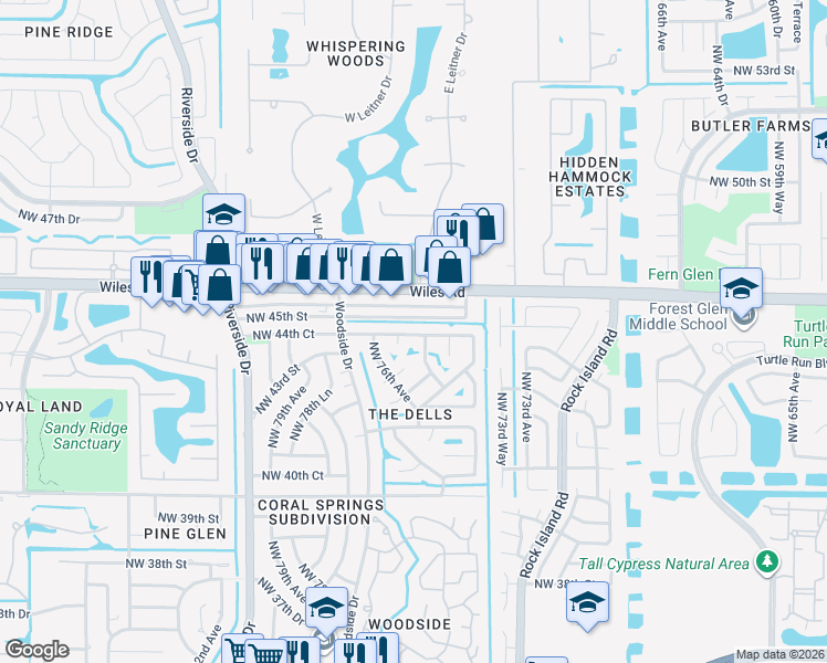 map of restaurants, bars, coffee shops, grocery stores, and more near 7518 Northwest 44th Court in Coral Springs