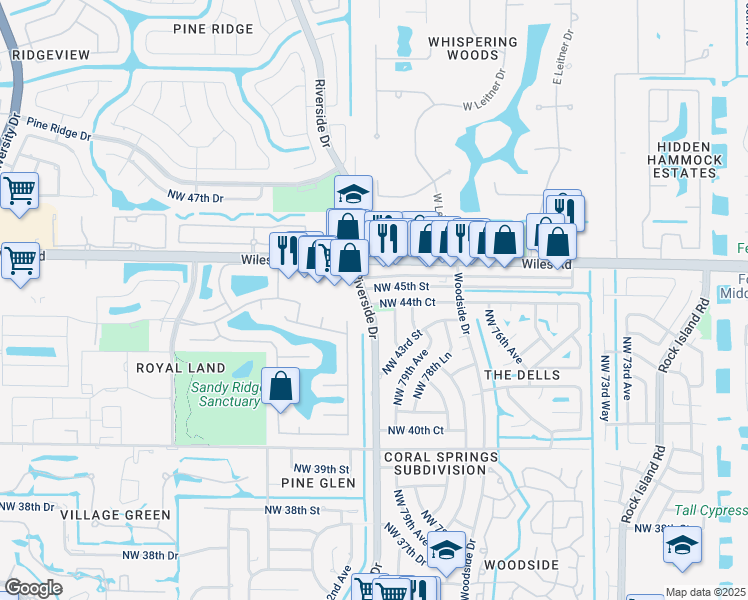 map of restaurants, bars, coffee shops, grocery stores, and more near 4381 Northwest 81st Avenue in Coral Springs