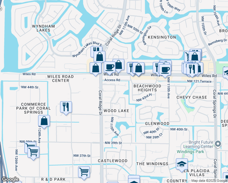 map of restaurants, bars, coffee shops, grocery stores, and more near 11443 Northwest 43rd Street in Coral Springs