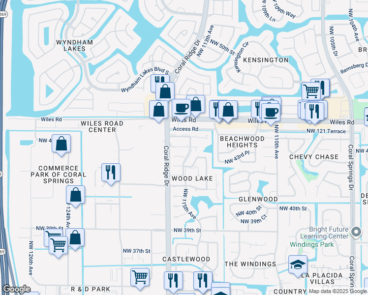 map of restaurants, bars, coffee shops, grocery stores, and more near 11552 Northwest 43rd Court in Coral Springs