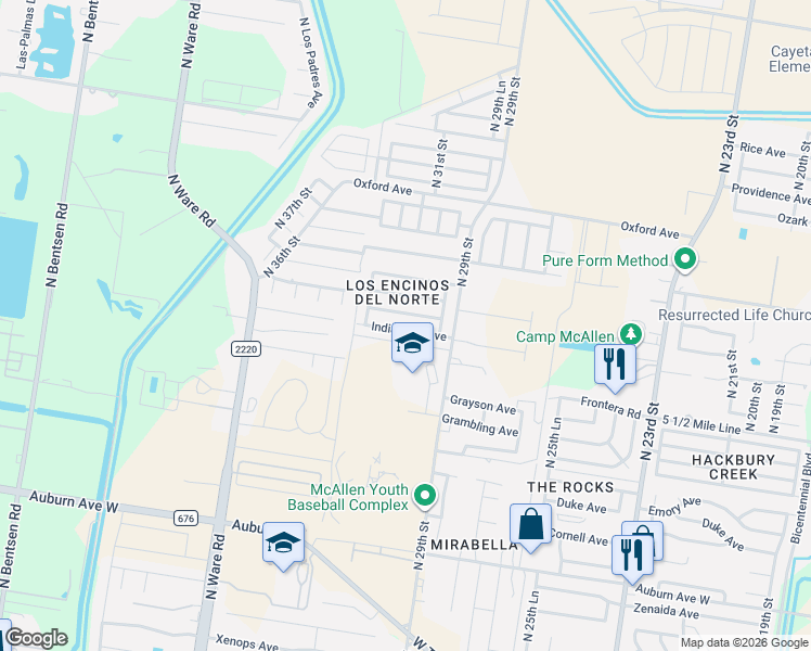 map of restaurants, bars, coffee shops, grocery stores, and more near 3101 Indian Hills Avenue in McAllen