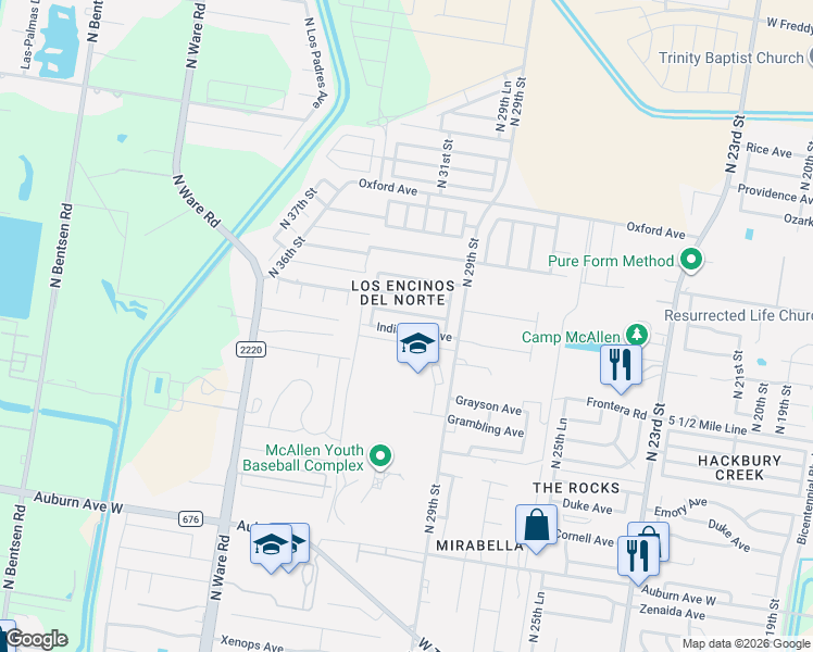 map of restaurants, bars, coffee shops, grocery stores, and more near 3101 Indian Hills Avenue in McAllen