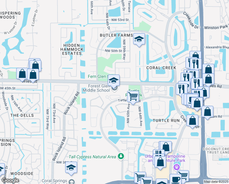 map of restaurants, bars, coffee shops, grocery stores, and more near 6501 Turtle Run Boulevard in Coral Springs
