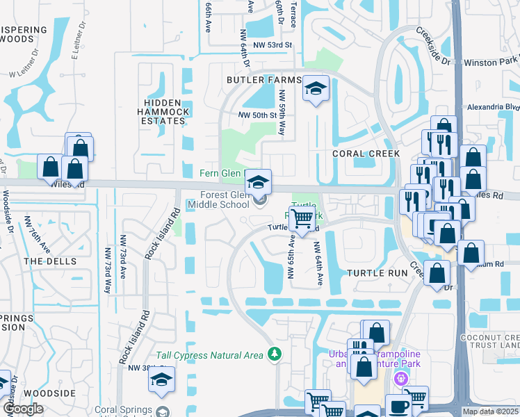 map of restaurants, bars, coffee shops, grocery stores, and more near 6501 Turtle Run Boulevard in Coral Springs