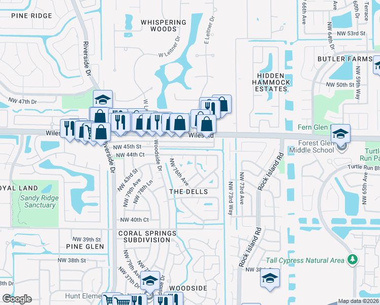 map of restaurants, bars, coffee shops, grocery stores, and more near 7518 Northwest 44th Court in Coral Springs