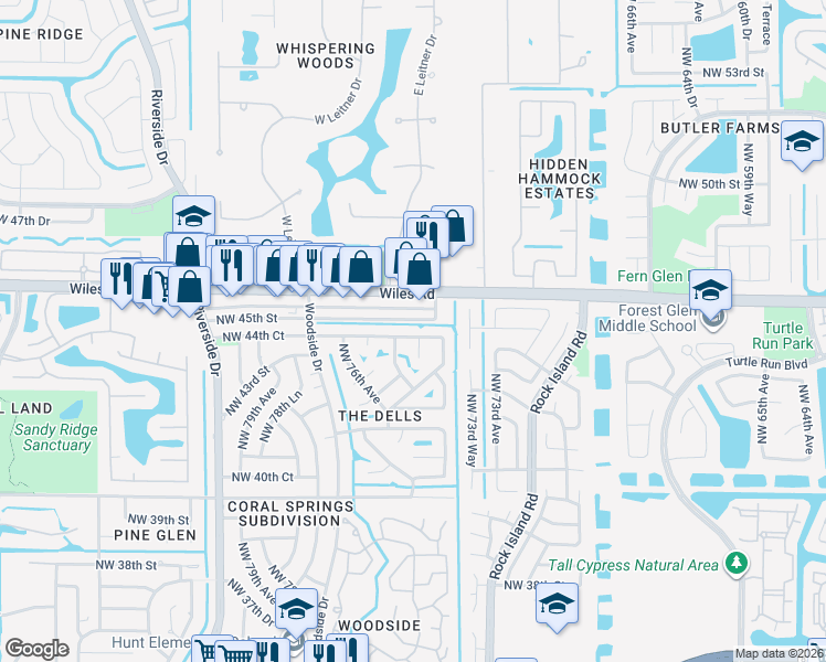 map of restaurants, bars, coffee shops, grocery stores, and more near 7444 Wiles Road in Coral Springs