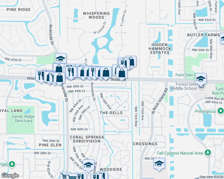 map of restaurants, bars, coffee shops, grocery stores, and more near 7544 Wiles Road in Coral Springs