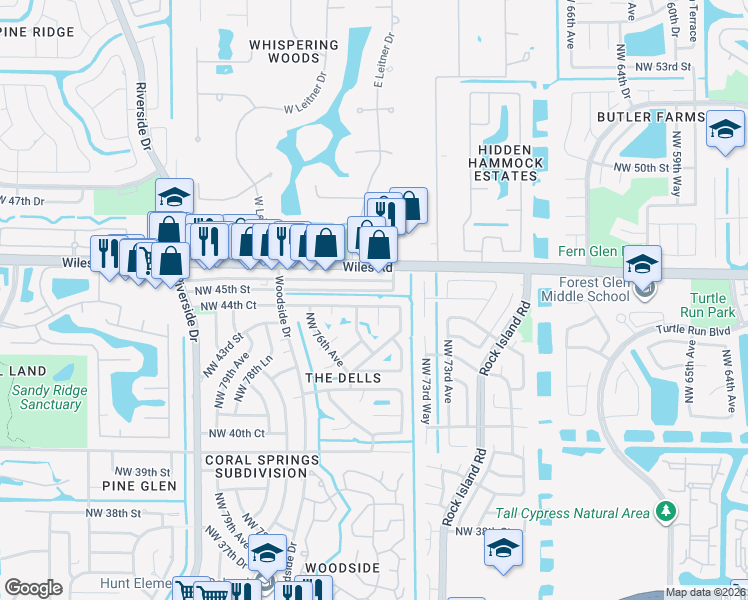 map of restaurants, bars, coffee shops, grocery stores, and more near 7444 Wiles Road in Coral Springs