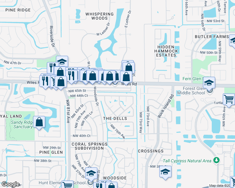 map of restaurants, bars, coffee shops, grocery stores, and more near 7544 Wiles Road in Coral Springs