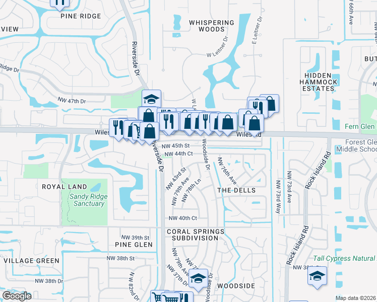 map of restaurants, bars, coffee shops, grocery stores, and more near 7920 Northwest 45th Street in Coral Springs