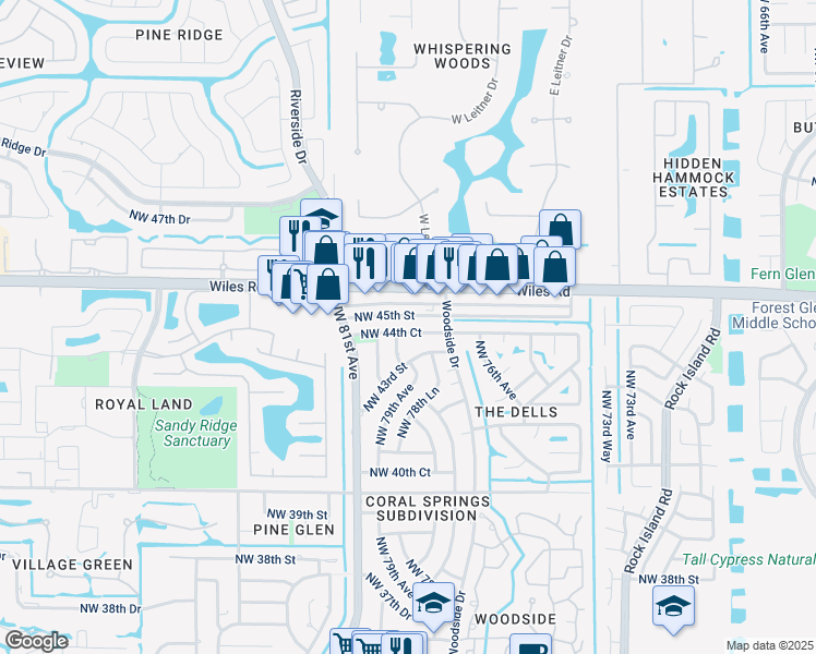 map of restaurants, bars, coffee shops, grocery stores, and more near 7920 Northwest 45th Street in Coral Springs