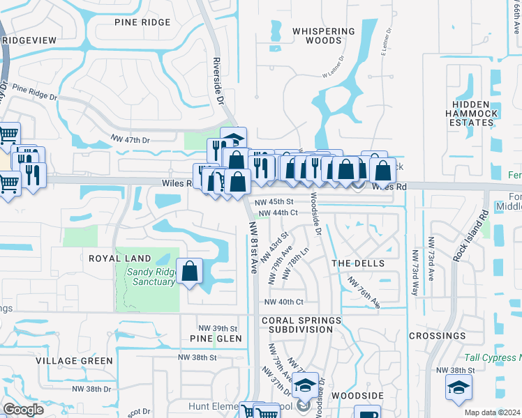 map of restaurants, bars, coffee shops, grocery stores, and more near 8091 Northwest 45th Street in Coral Springs
